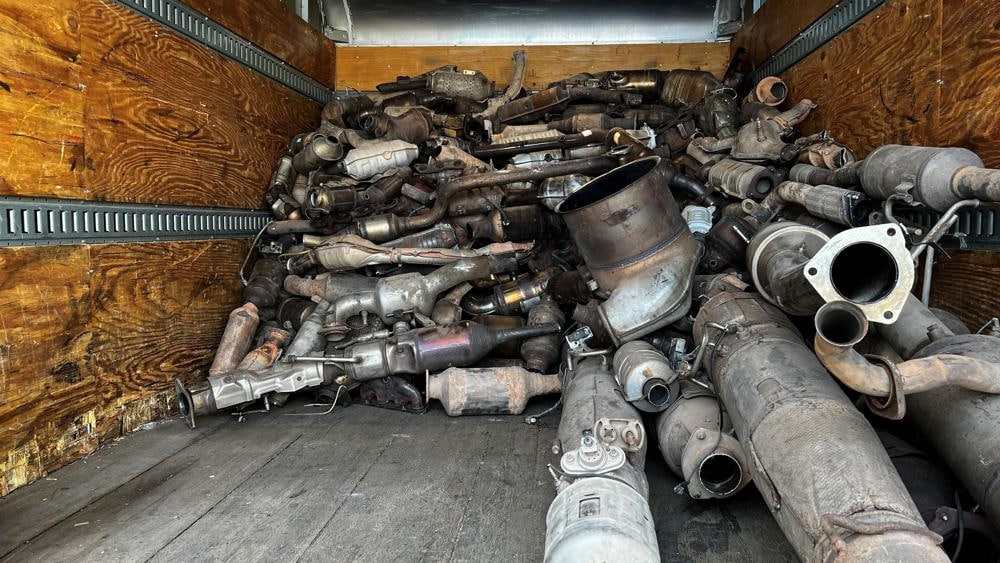 Stolen catalytic converters in a storage unit seized by Phoenix Police on May 27, 2022.<br />Image courtesy of Phoenix Police Department via Associated Press